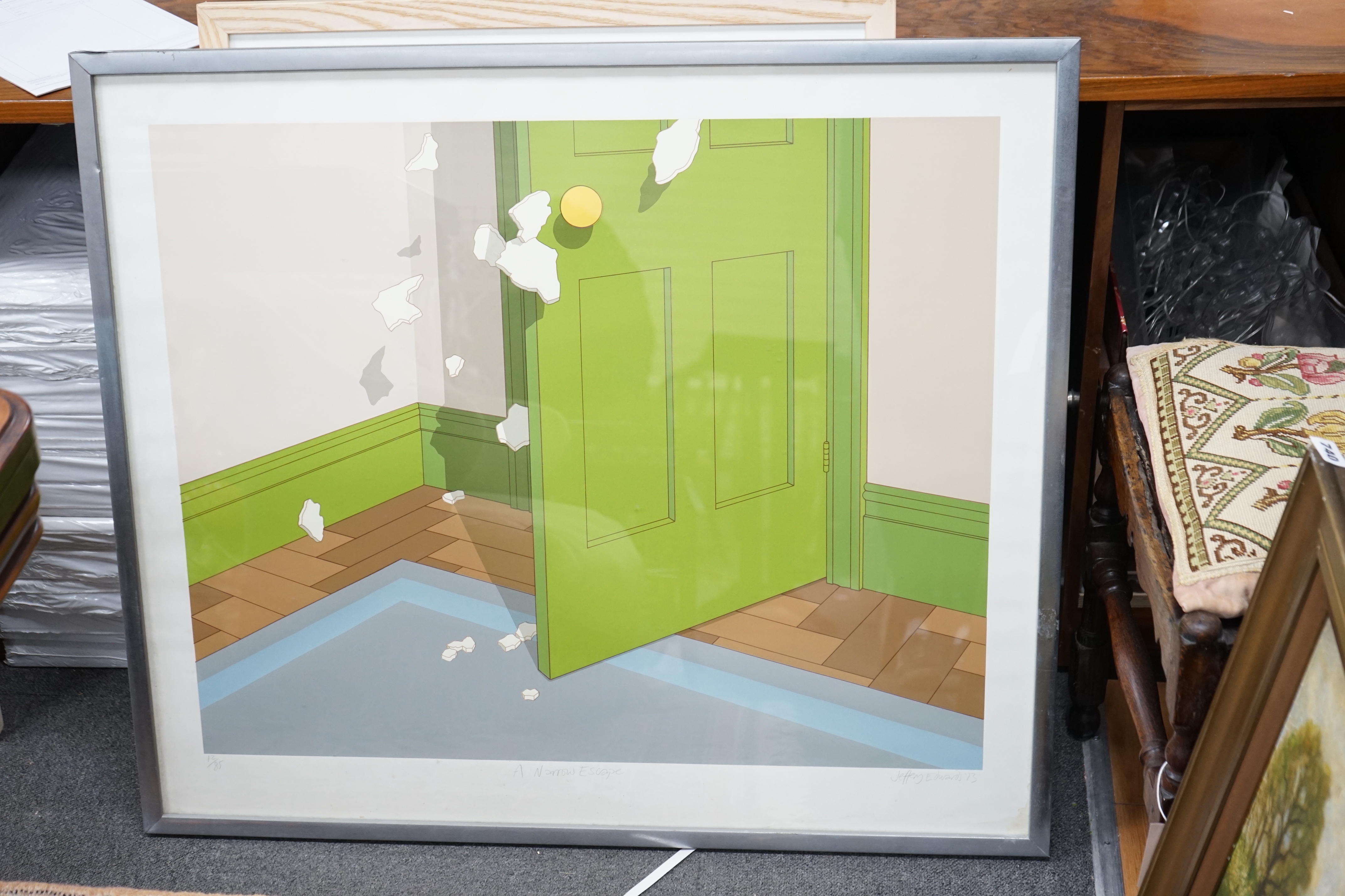 Jeffrey Edwards (b.1945), colour screenprint, A narrow escape, signed and dated '73 and pencil numbered 12 of 85, 77 x 90cm